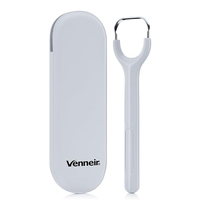Venneir® Tongue Scraper with Travel Case, Oral Glide Pro–Bad Breath Treatment, Medical-Grade Stainless Steel– for Adults & Kids. 100% Rustproof, Sleek & Effective Design (Slate White)