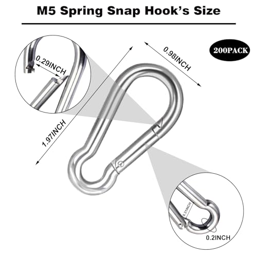 200 PCS 2'' Spring Snap Hook Carabiner, M5 3/16 Inch Galvanized Silver Steel Small Carabiner Clip, 220LBS Holding Capacity Quick Link Clip Keychain for Hammock Dog Leash & Camping Gym-StrideForce Fitness