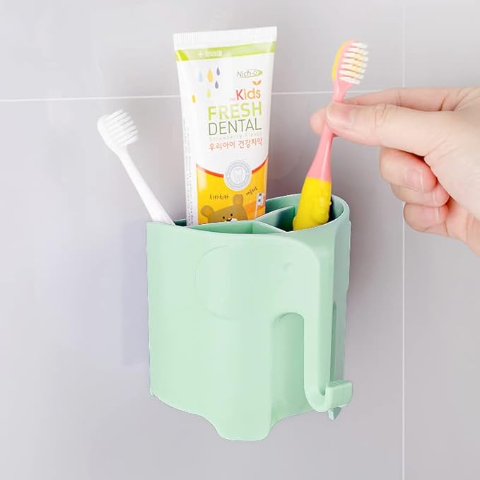 Kids Toothbrush Holder, Cute Elephant Toothbrush Holders for Toddler, Toothbrush Toothpaste Holder for Bathroom, Toothbrush Organizer with 3 Slots and a Hook, Green