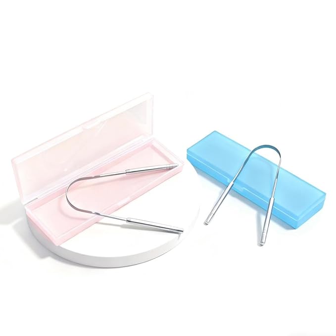 New Tongue Scraper for Adults with Multicolor Travel Cases (2 Pack), 100% Stainless Steel, Reduce Bad Breath, Tongue Scrubber, Oral Care & Hygiene (181 Degrees)