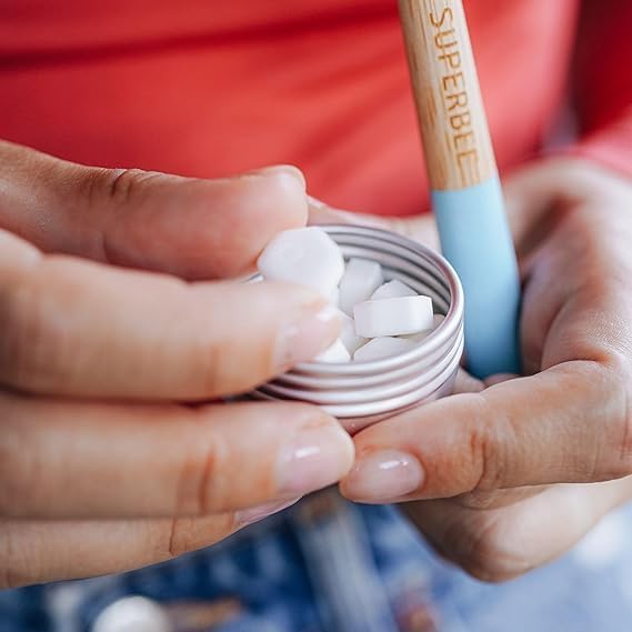 SuperBee Dentos Toothpaste Tablets, 14 Tabs, Fluoride Free & Eco Friendly, Travel Mouthwash Tablets, Sensitive Bites Kids Adults, Chewable Tablet, Spearmint