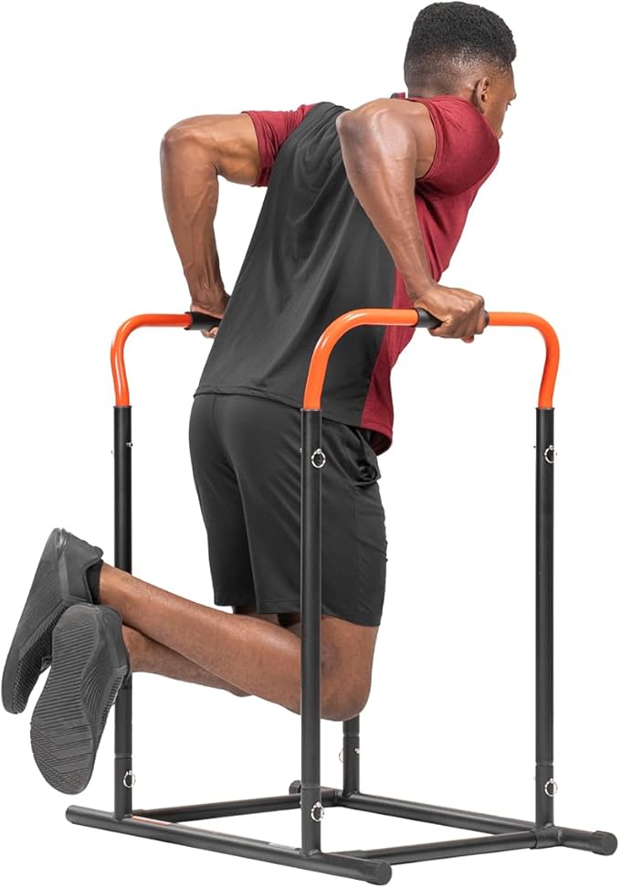 Sunny Health & Fitness Power Tower, Dip Bar, Push-Up & Pull Up Assisting Parallette Station w Optional Rock Climbing Grip Trainer-StrideForce Fitness