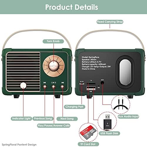 Retro Bluetooth Speaker, Cute Small Bluetooth Speakers Portable Wireless for Indoor Outdoor Vintage Home Office Decor, Perfect for Party Desk Kitchen Hiking Beach Travel Gift Ideas Green-StrideForce Fitness