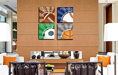 KaiLeFu-Colorful Sports Inspirational Quotes Framed Canvas Wall Art -Motivational Basketball Baseball Soccer Football Quotes Sport Art Wall Decor for Kids Boys Room Classroom -12"x12"x4pcs-StrideForce Fitness