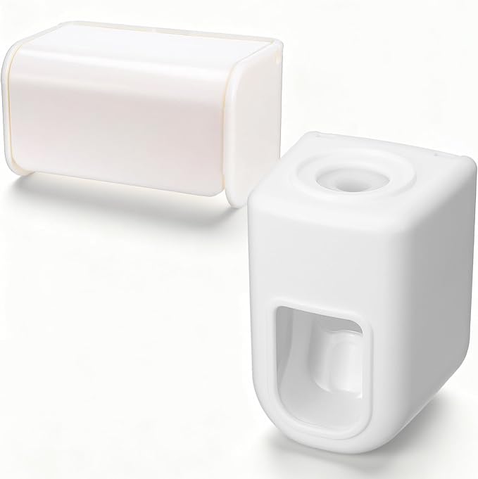 2 Slots Wall Mount Toothbrush Holder with Cover, Self Adhesive Toothbrush Storage Organizer for Shower Waterproof and Dustproof, with Automatic Toothpaste Squeezer Dispenser for Family & Travel