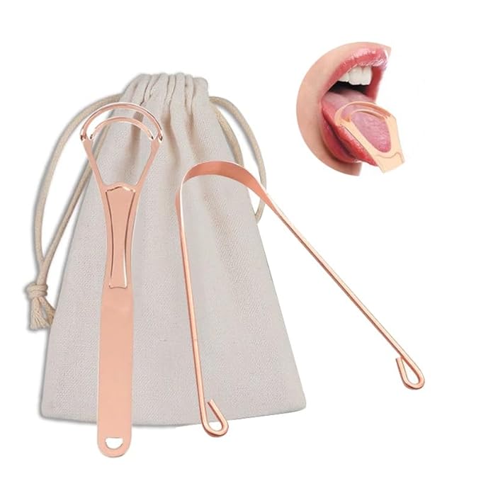 2Pcs Copper Tongue Scraper, Tongue Cleaner Set for Adults Kids, Stainless steel Wide Double Blades Oral Tongue Brush Cleaning Scrapping Sweeper for Fresh Breath and Mouth Hygiene Care with Travel Bag