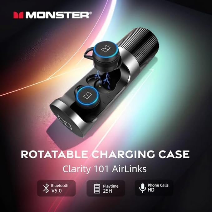 Monster Clarity 101 AirLinks Wireless Earbuds, Bluetooth 5.0 in-Ear Headphones with Charging Case, Stereo Earphones Deep Bass Sound, IPX5 Waterproof, Built-in Mic, Clear Call, Secure Fit for Sports-StrideForce Fitness