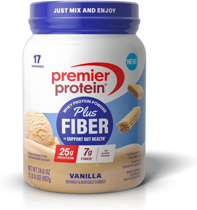 Premier Protein Powder Plus Fiber, 25g Protein, 7g Fiber, Vanilla, No Added Sugar,17 Servings-StrideForce Fitness