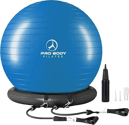 ProBody Pilates Yoga Ball Chair, Exercise Ball Chair with Base or Stand for Home Office Desk Sitting or Workout, 65cm Antiburst Balance & Stability Ball Seat, Large Gym Ball for Back, Abs-StrideForce Fitness