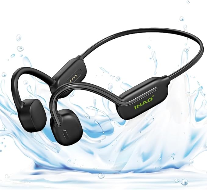 IHAO Swimming Headphones True Bone Conduction Open Ear Headset MP3 Player Built-in 32G Memory IP68 Underwater Waterproof Stereo Bluetooth Earphone for Driving Bicycling Running Skiing-Black-StrideForce Fitness