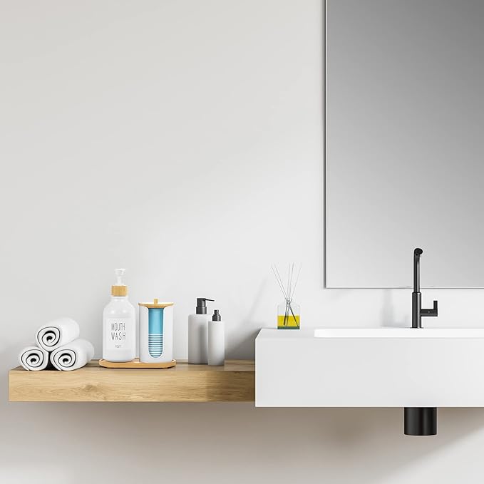 VITVITI Mouthwash Dispenser for Bathroom, Mouth Wash Pump Bottle with Paper Cup Holder, 17Oz Refillable White Mouthwash Container with Bamboo Lid/Tray/Label