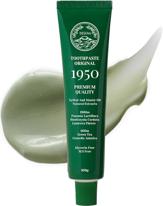 1950 Jeju Original Green Tea Toothpaste, Fluoride-Free Natural Formula with Hydroxyapatite, Sensitive Teeth, Gum Care, Whitening, Remineralizing, SLS-Free, 100g