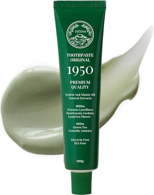 1950 Jeju Original Green Tea Toothpaste, Fluoride-Free Natural Formula with Hydroxyapatite, Sensitive Teeth, Gum Care, Whitening, Remineralizing, SLS-Free, 100g
