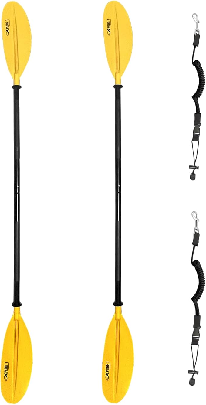 ISURE MARINE 2Pcs Kayak Paddle 85in Kayaking Boating Canoeing Oar Aluminum Shaft Yellow Plastic Blades Adjustable Rowing Paddle with Bungee Paddle Leash for Light Kayaks-StrideForce Fitness