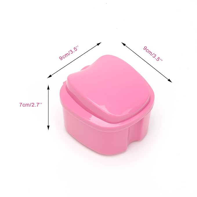 Denture Case, Denture Cup with Strainer, Coolrunner Denture Bath Box False Teeth Storage Box with Basket Net Container Holder for Travel, Retainer Cleaning(Pink）
