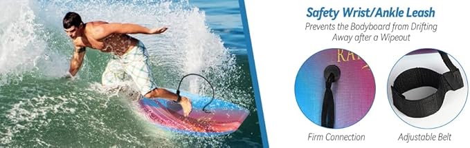 Body Board Lightweight with EPS Core, HDPE Slick Bottom, Leash & Adjustable Wrist Rope, Great Surfing for Kids and Adults-StrideForce Fitness