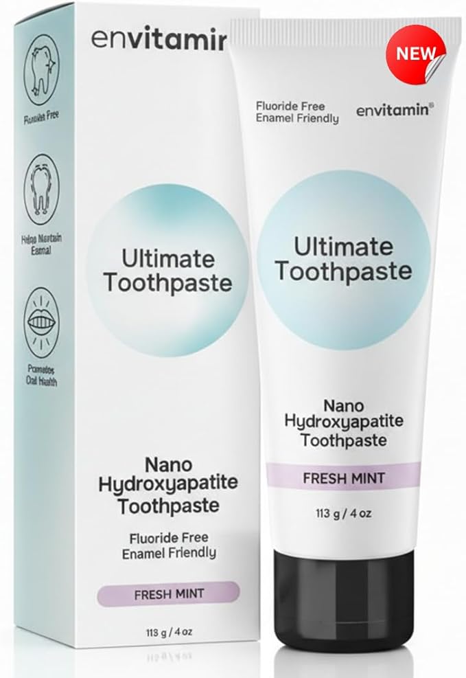 envitamin Fluoride Free Nano Hydroxyapatite Ultimate Toothpaste for Remineralizing Enamel & Sensitive Relief, Whitening, Antiplaque, SLS Free, Fresh Mint, 4 oz (1 Tube, Fresh Mint)