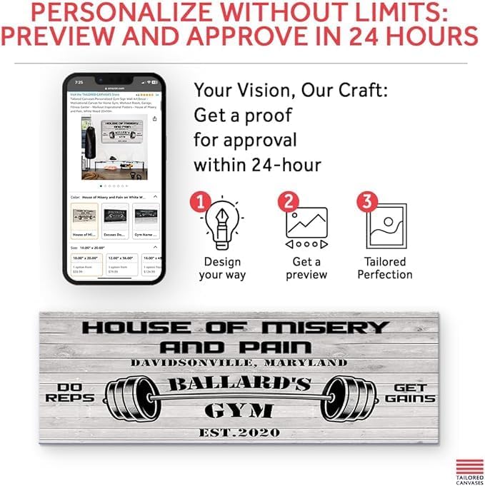 Tailored Canvases Personalized Gym Sign Wall Art Decor - Motivational Canvas for Home Gym, Workout Room, Garage, Fitness Center - Workout Inspirational Posters - House of Misery and Pain, White Wood 48x16in-StrideForce Fitness