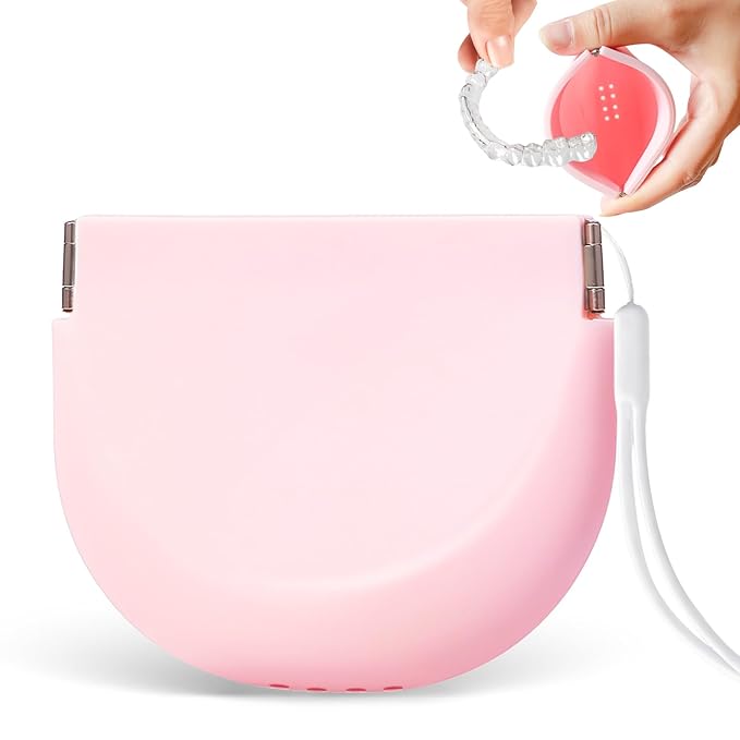 Silicone Retainer Denture Storage Case Holder, Portable Slim Dental Container Cleaning Box with Drain Holes and Leakproof for Aligners, Mouth Guards, Night Guards, Removable Dental Appliances (Pink)