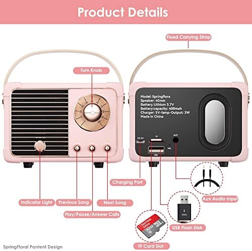 Retro Bluetooth Speaker, Wireless Vintage Small Speaker, Hands-Free Call,400mA Battery,TF Card,Aux Line, Portable Speaker for iOS Android Smartphone Home Office Gift Ideas Pink-StrideForce Fitness