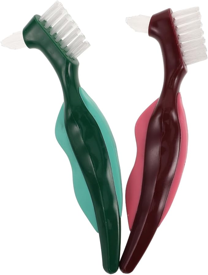 OUNONA Dual Head Denture Toothbrush for False Teeth Hard Bristle Oral Appliance Cleaner with Non-Slip Comfortable Grip 2-Pack Travel-Friendly Dentures Cleaning Brush for Seniors