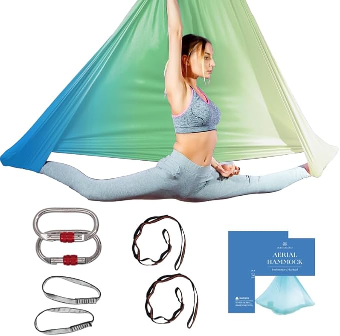 Aerial Silk Yoga Hammock & Swing for Home, Inversion Exercises, Starter Kit for All Levels - Durable with Extension Straps, Carabiners, and Pose Guide-StrideForce Fitness