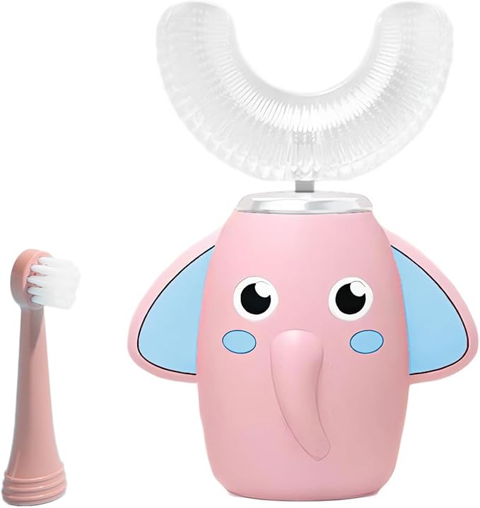 SNOWROSE Kids Electric Toothbrush U-Shaped Ultrasonic IPX7 Waterproof Design with 2 Brush Head 3 Modes, 360° Full Mouth Cleaning Automatic Children Toothbrush for 2-12 Years Old (Pink, 2-12 Age)
