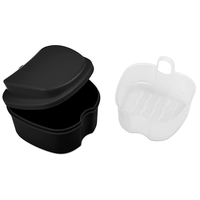 Annhua Denture Cup Retainer Cleaning Case Denture Soaking Container With Strainer Basket, Denture Cups For Soaking Dentures Mouthguard Storage Holder - Black