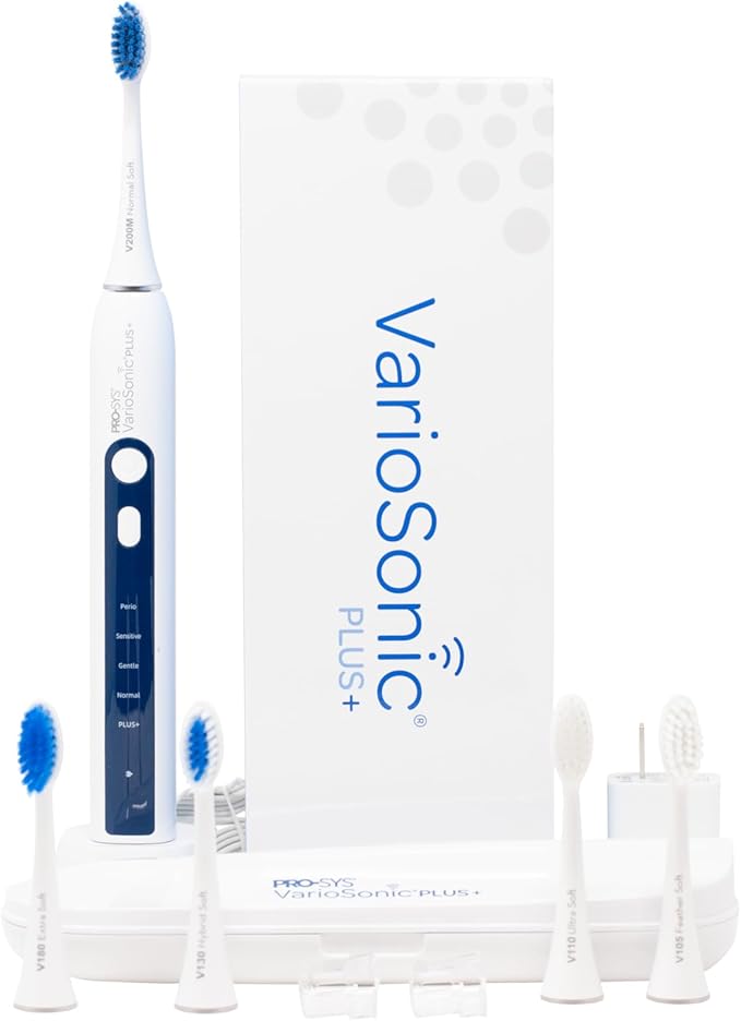PRO-SYS® VarioSonic Plus+ Professional Electric Toothbrush Full Kit, Rechargeable Powered Toothbrush with Travel Case, 5 Brush Heads, 5 Modes, Extra Long Battery, Pressure Sensor and Timer (White)
