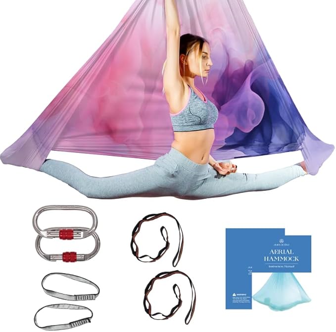 Aerial Silk Yoga Hammock & Swing for Home, Inversion Exercises, Starter Kit for All Levels - Durable with Extension Straps, Carabiners, and Pose Guide-StrideForce Fitness