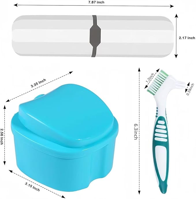6 Piece Denture Cleaning Kit 3 Double-Sided Denture Brushes, 1 Travel Denture Cleaning Brush Case, and 2 Denture Cases with Strainer Baskets – Complete False Teeth Cleaning Solution