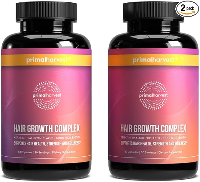 Primal Harvest Hair Growth Vitamins, 2 Pack - 120 Pills, Natural Hair Regrowth, Thickening, and Supplement for Men & Women with Biotin & Zinc-StrideForce Fitness