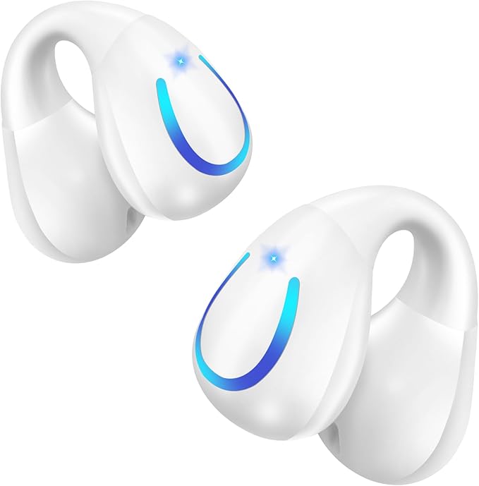 Open Ear Bone Conduction Headphones Bluetooth 5.3 Clip On Earbuds with Digital Display Charging Case 60 Hours Playtime Sport Earphones Built-in Mic IPX7 Waterproof for Running Fitness White-StrideForce Fitness