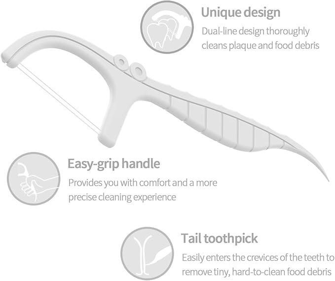 Dual-Line Dental Floss Picks, with Handle Flossers Toothpick ，Selected Floss Sticks 300 Count White，Ergonomic Dental Floss Holder, Mint Flavor,Double Cleaning Effect