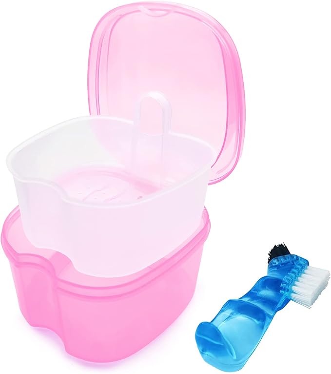 Denture Bath Case Denture Soaking Cup with Brush, Denture Holder Case Retainer Cleaning Case False Teeth Storage Box for Travel and Daily Use
