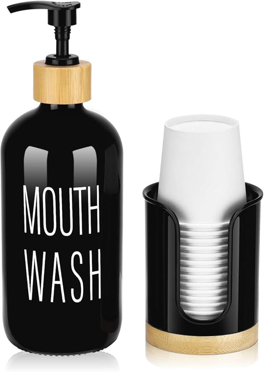 Pump Mouthwash Dispenser with Bathroom Cup Holder, Glass Mouthwash Container, Mouth Wash Bottle Decanter, Small PC 3 oz Cup Dipsenser, Black, Printed Font