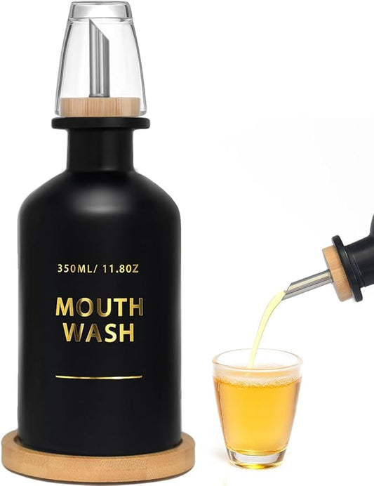 Mouthwash Dispenser for Bathroom 11.8oz – Glass Mouthwash Bottle with Cup & Bamboo Tray, Gold Hot-Stamped Lettering, Silicone Base, Modern Bathroom Accessory (Black)