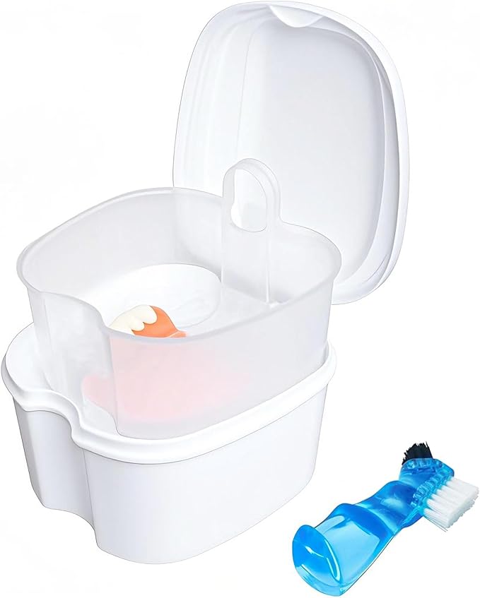 Denture Soaking Box Orthodontic Retainer Bath Case with Strainer Basket, False Teeth Container Dental Denture Bath Box Case Cup for Travel Cleaning - White