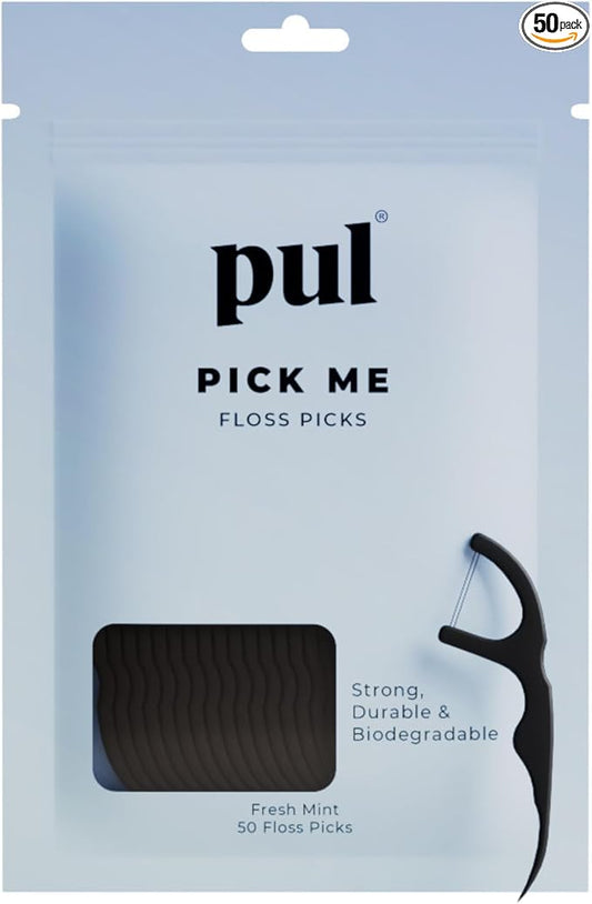 PUL Dental Floss Picks – Mint Teeth Flossers for Deep Cleaning, Removing Food Particles & Plaque – Shred-Resistant Nylon Floss, Plant-Based Handle, Fluoride Free – for Adults & Kids (50 Count)