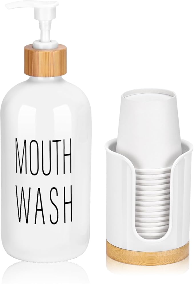 Pump Mouthwash Dispenser with Bathroom Cup Holder, Glass Mouthwash Container, Mouth Wash Bottle Decanter, Small PC 3 oz Dixie Cup Dipsenser, White, Printed Font