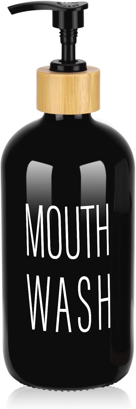 Pump Mouthwash Dispenser, Glass Mouthwash Container for Bathroom Countertop, Mouth Wash Bottle Decanter, Black, Printed Font