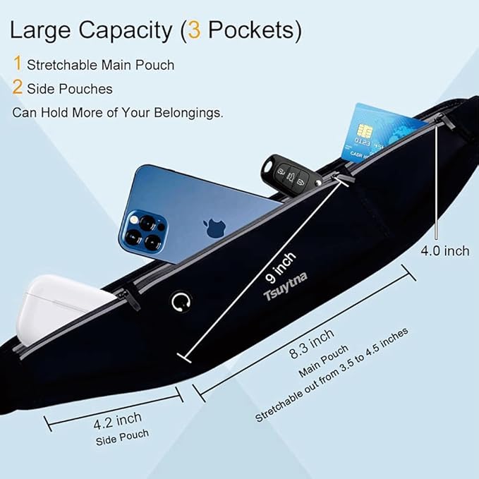 Running Belt for Women & Men - Slim Phone running belt with Water-Resistant Phone Holder, 3 pockets Adjustable Waist Strap, Reflective Safety Design for Running, Hiking, Travel，Fitness(Black)-StrideForce Fitness