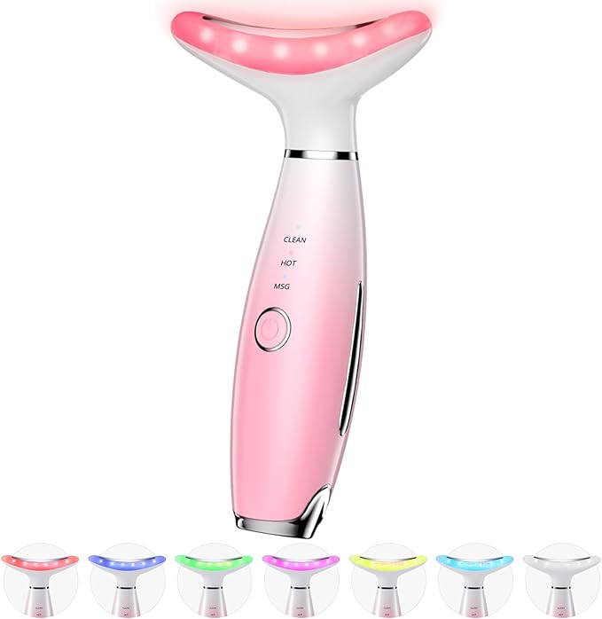 7 Color Galvanic Machines - Red Light Therapy for Face and Neck, Face Massager Tool for Wrinkles, Double Chin, Vibrating Facial Massager with Thermals, Pink-StrideForce Fitness