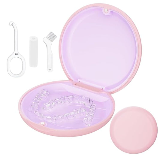 Retainer Case, Slim Aligner Cases for Invisalign, Mouthguard Case with Removal Tools& Aligners Chewies& Brush, Removable Inner Tray Silicone for Easy Cleaning (Pink)