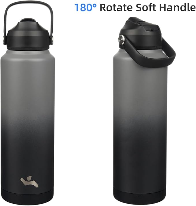 Insulated Water Bottle with Straw Lid,40 oz Stainless Steel Vacuum Metal Bottle with Silicone Handle,Gray Black-StrideForce Fitness