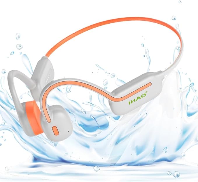 IHAO Swimming Headphones True Bone Conduction Open Ear Headset MP3 Player Built-in 32G Memory IP68 Underwater Waterproof Stereo Bluetooth Earphone for Driving Bicycling Running Skiing-Orange-StrideForce Fitness