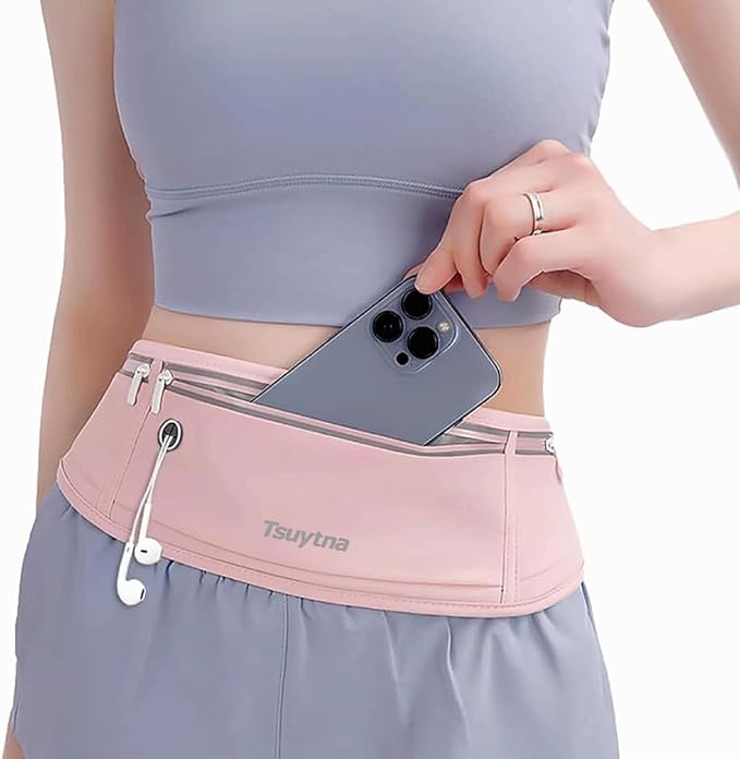 Running Belt for Women & Men - Slim Phone running belt with Water-Resistant Phone Holder, 3 pockets Adjustable Waist Strap, Reflective Safety Design for Running, Hiking, Travel，Fitness (Pink)-StrideForce Fitness
