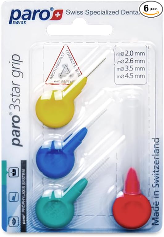 Paro Swiss 3Star-Grip Interdental Brushes – Assorted, 4x6 Pack Different Sizes – Deep Between Teeth Cleaning