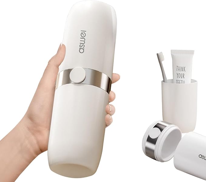 Travel Toothbrush Cup Case,Portable Toothbrush Holder and mouthwash cup Travel Toothbrush Container,Toothbrush box set with exhaust button,for Camping, Traveling, Home, School, Business