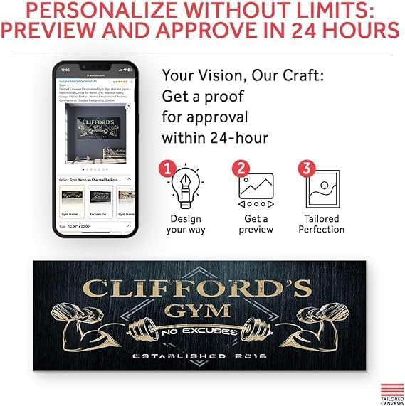 Tailored Canvases Personalized Gym Sign Wall Art Decor - Motivational Canvas for Home Gym, Workout Room, Garage, Fitness Center - Workout Inspirational Posters - Gym Name on Charcoal Background, 48x16in-StrideForce Fitness